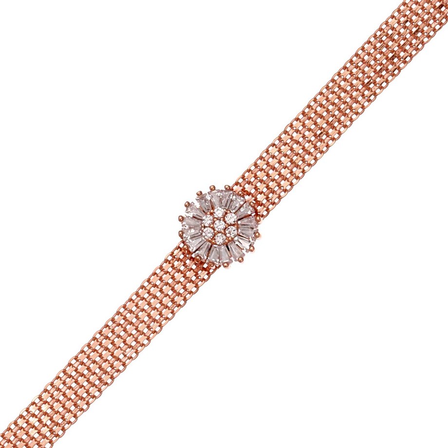 Roze Rengi Zirkon Taşlı Kadın Gümüş Bileklik Rose Gold