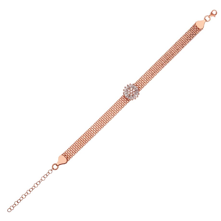 Roze Rengi Zirkon Taşlı Kadın Gümüş Bileklik Rose Gold