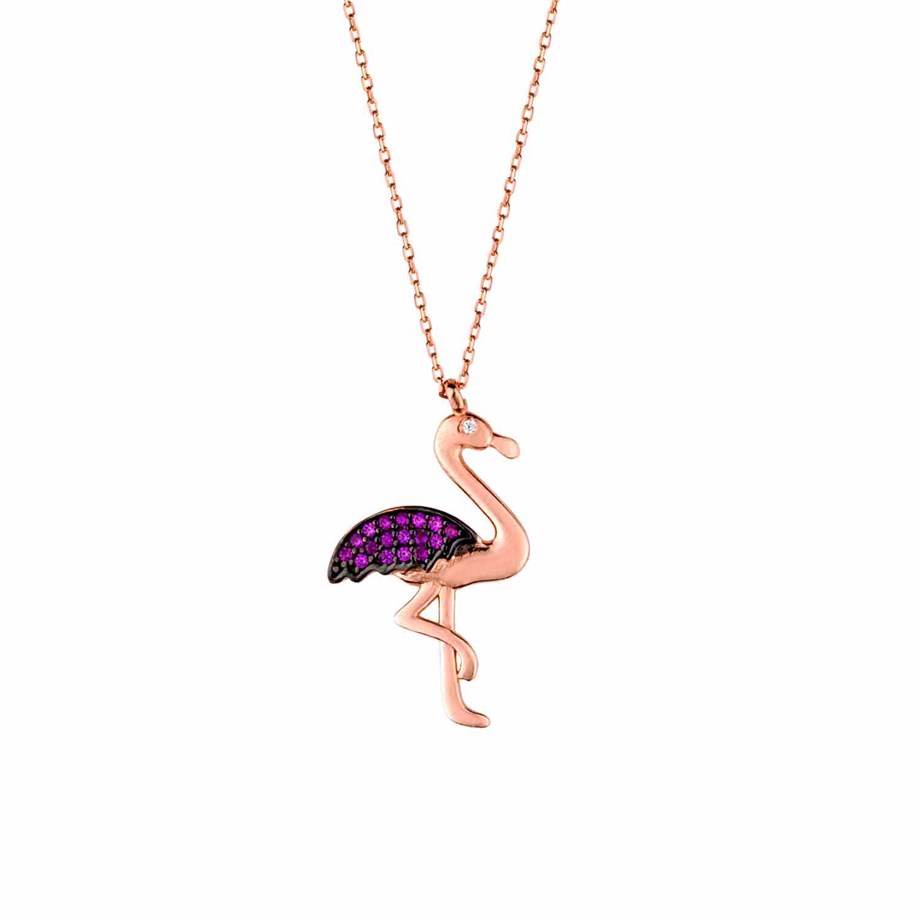 Roze Rengi Flamingo Kuşu Tasarımlı Gümüş Kadın Kolye