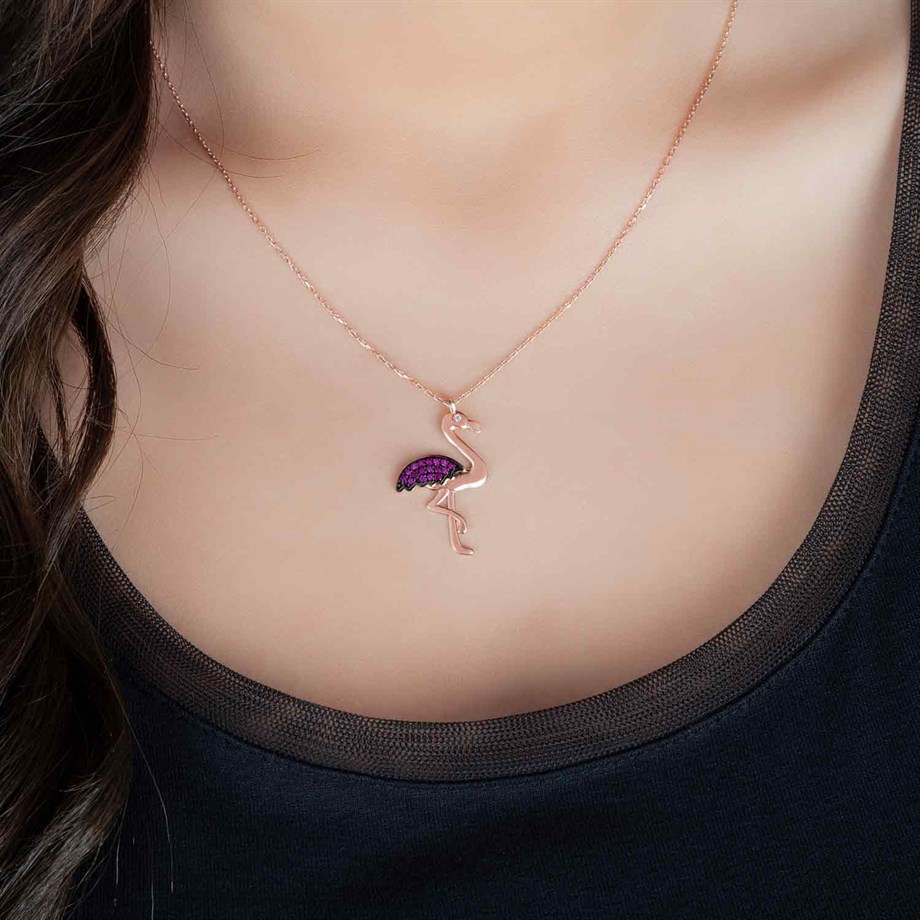 Roze Rengi Flamingo Kuşu Tasarımlı Gümüş Kadın Kolye