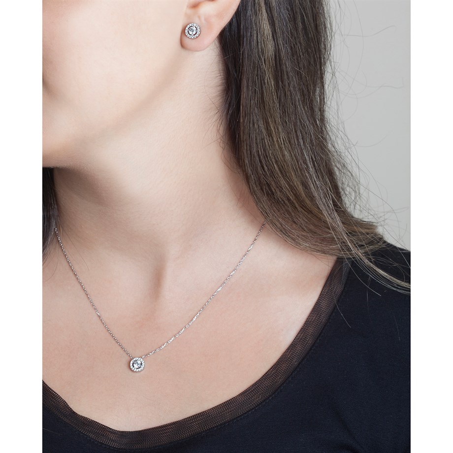 Pırlanta Model Yuvarlak İkili Kolye Küpe Gümüş Set
