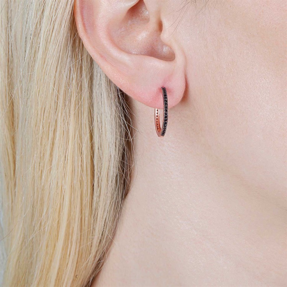 Roze Rengi Siyah Zirkon Taşlı 22 mm Gümüş Halka Küpe