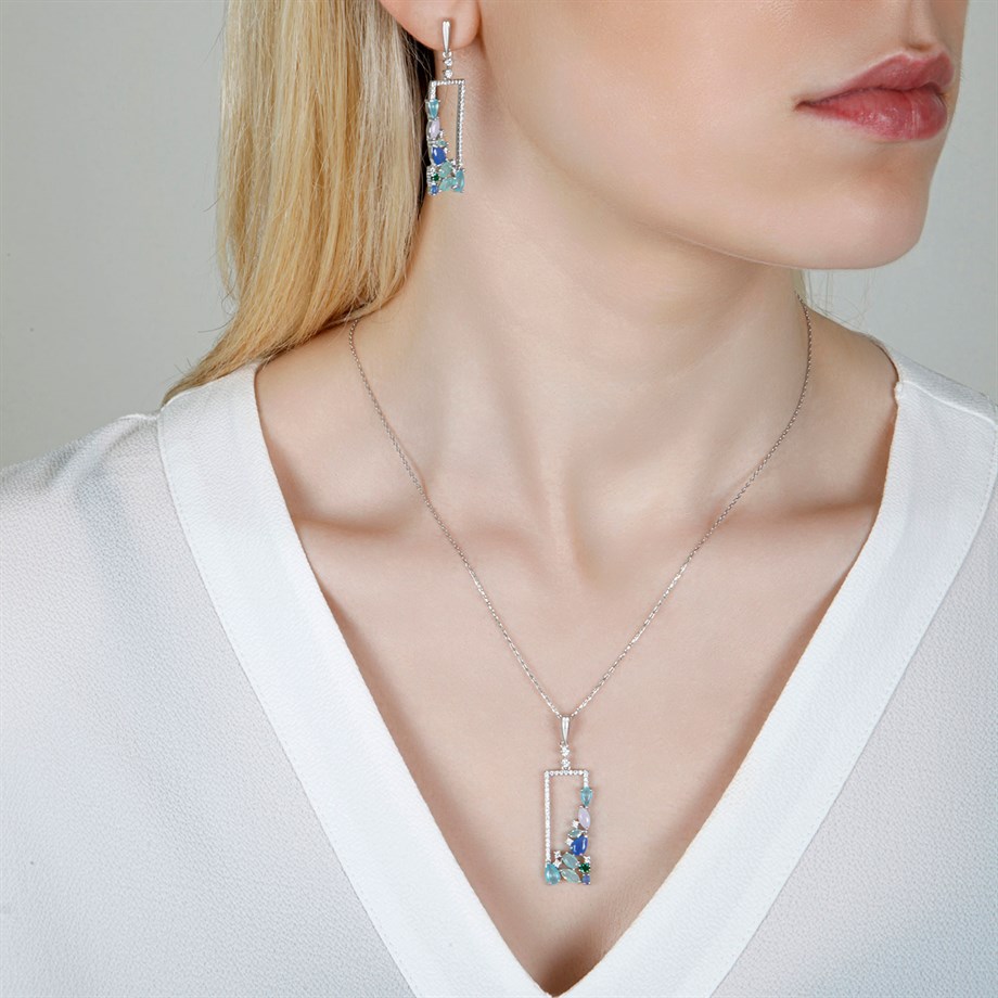 Doğal Taşlı Kolye Küpe Gümüş Set