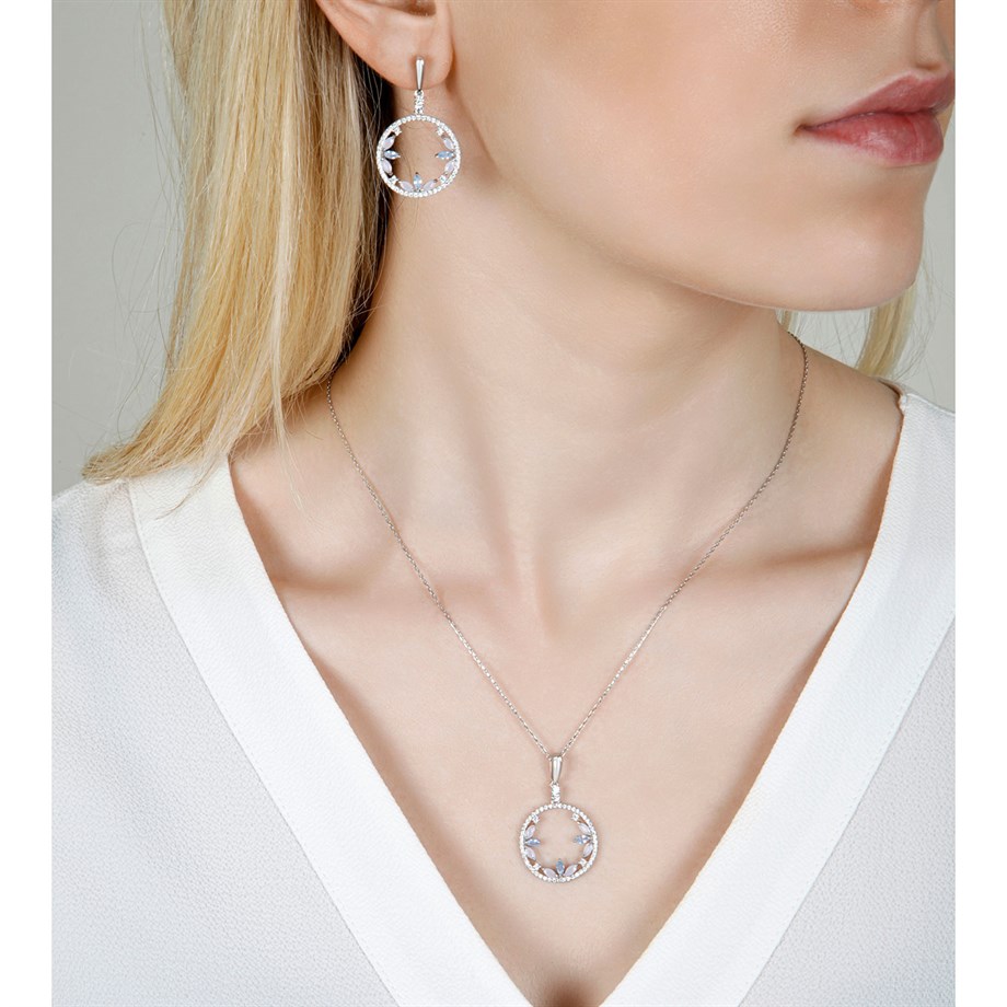 Doğal Taşlı Kolye Küpe Gümüş Set
