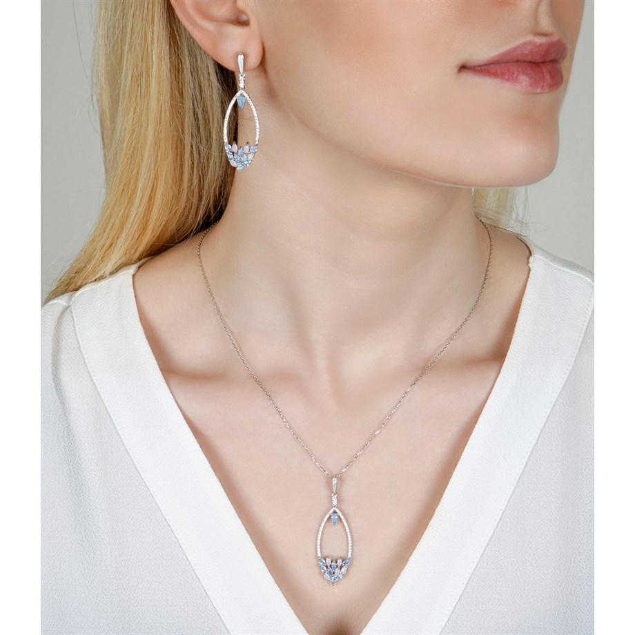 Doğal Taşlı Kolye Küpe Gümüş Set