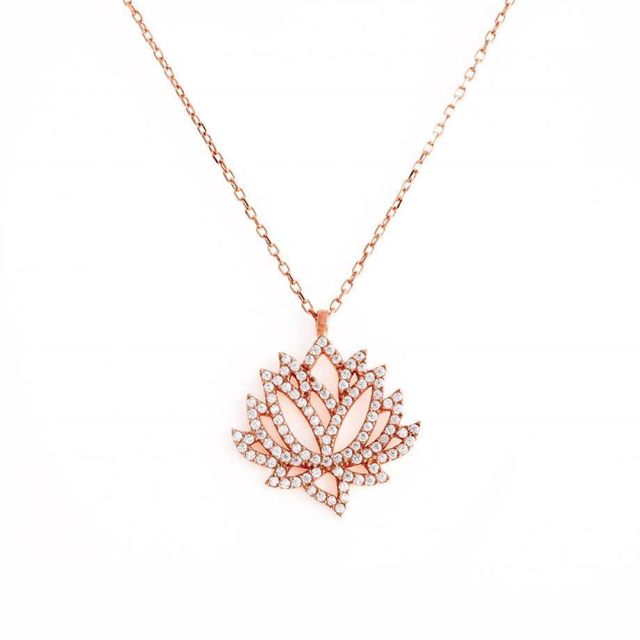 Roze Rengi Zirkon Taşlı Lotus Çiçeği Tasarımlı Kadın Gümüş Kolye