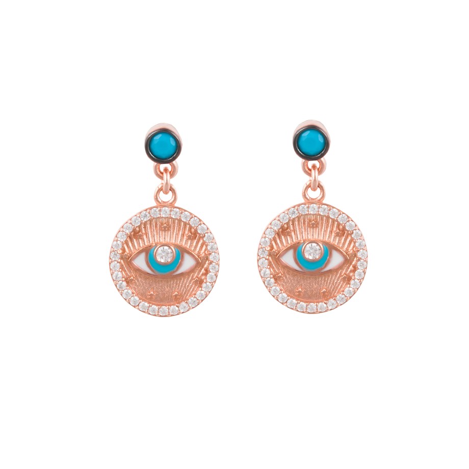 925 Ayar Gümüş Rose Gold Turkuaz Taşlı Nazar Gözü Kadın Küpe