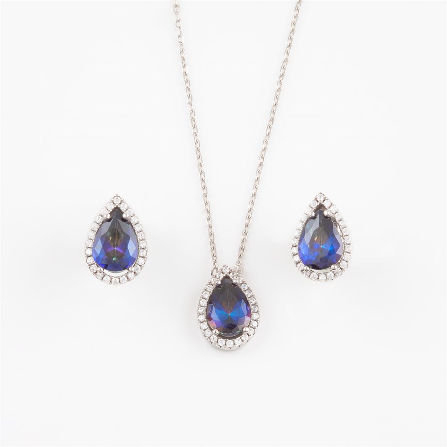 Safir Rengi Damla Kolye Küpe Gümüş Set
