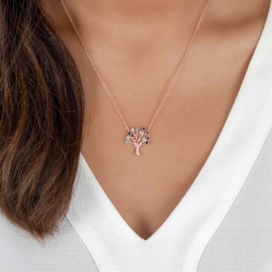 Roze Rengi Mix Taşlı Hayat Ağacı Gümüş Kolye