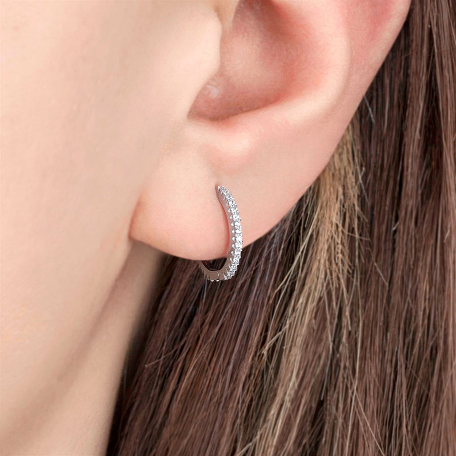 Zirkon Taşlı 16 mm Gümüş Halka Küpe