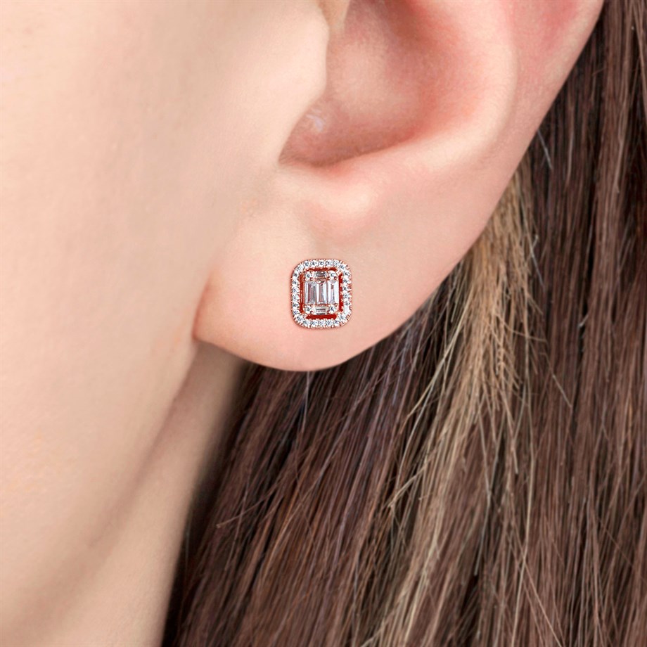 Baget Taşlı Rose Gold Gümüş Kadın Küpe