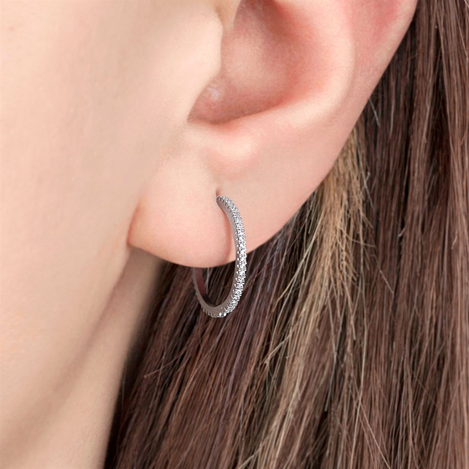 Zirkon Taşlı 20 mm Gümüş Halka Küpe