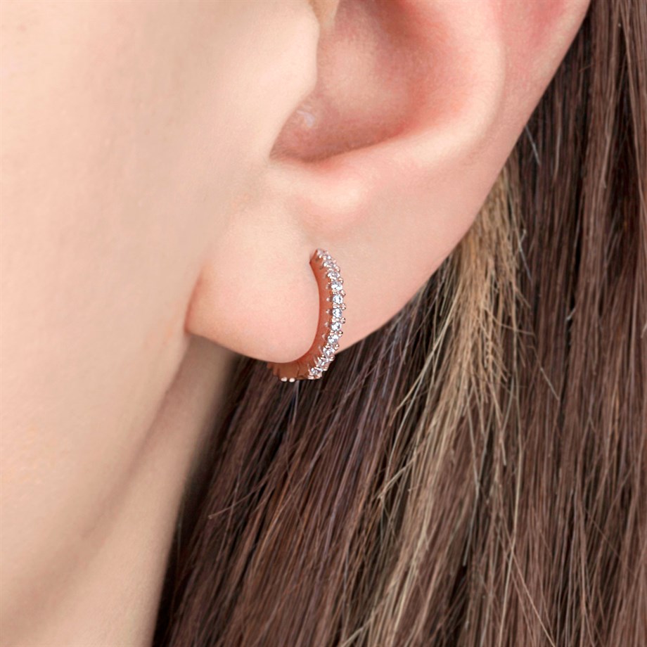 Roze Rengi Zirkon Taşlı 13 mm Gümüş Halka Küpe