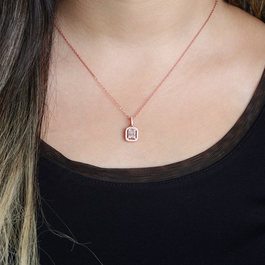 Baget Taşlı Rose Gold Gümüş Kolye