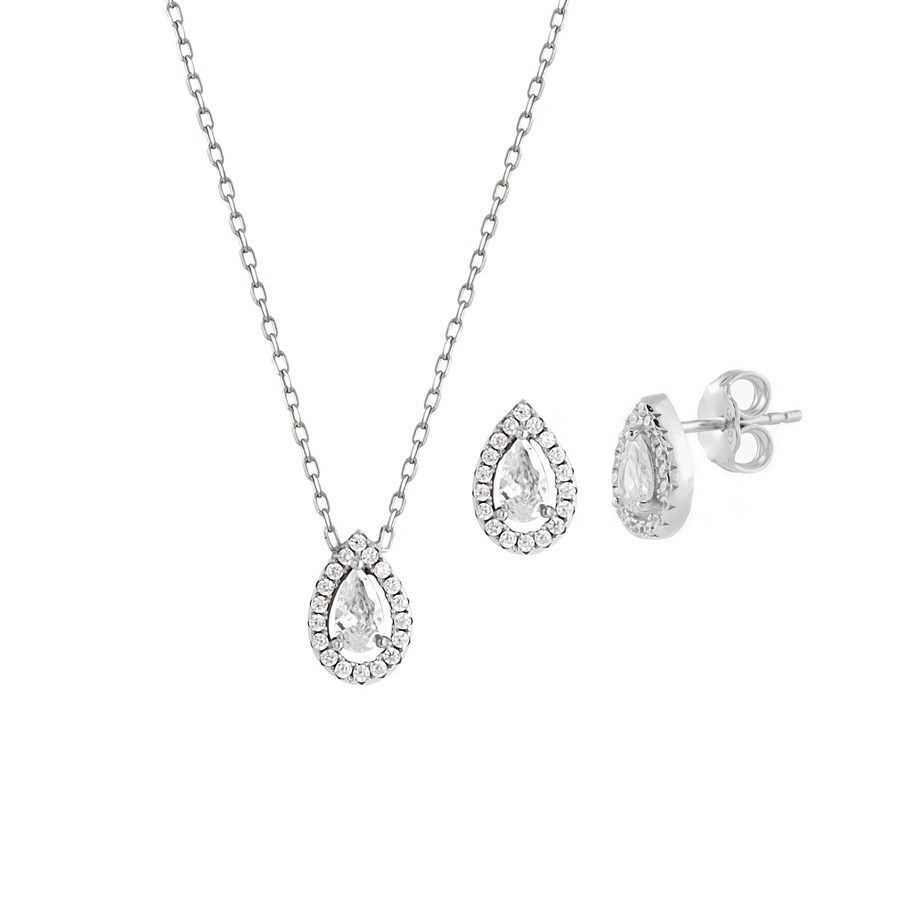 Damla Kolye Küpe Gümüş Set
