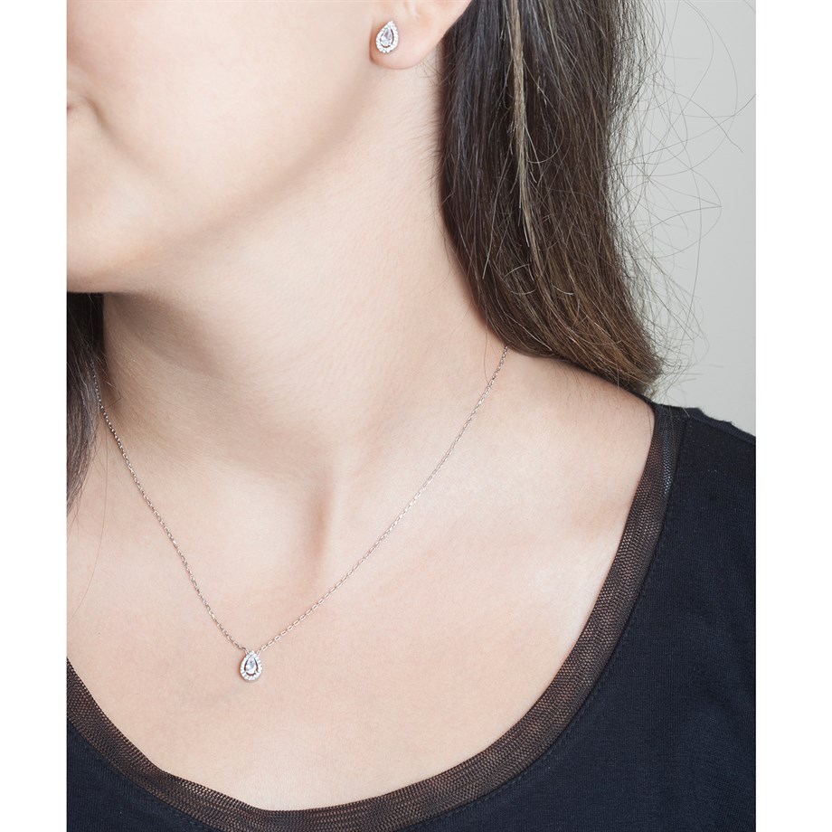 Damla Kolye Küpe Gümüş Set