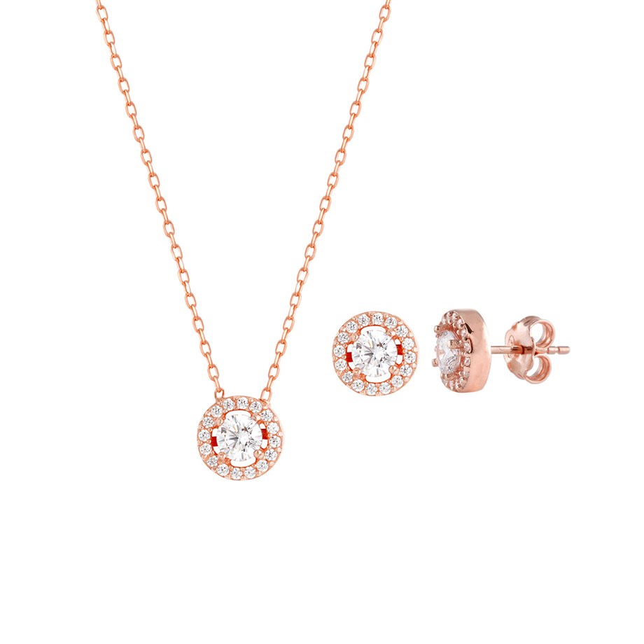 Yuvarlak Rose Gold Kolye Küpe Gümüş Set