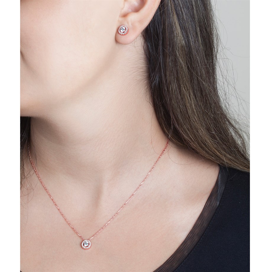 Yuvarlak Rose Gold Kolye Küpe Gümüş Set