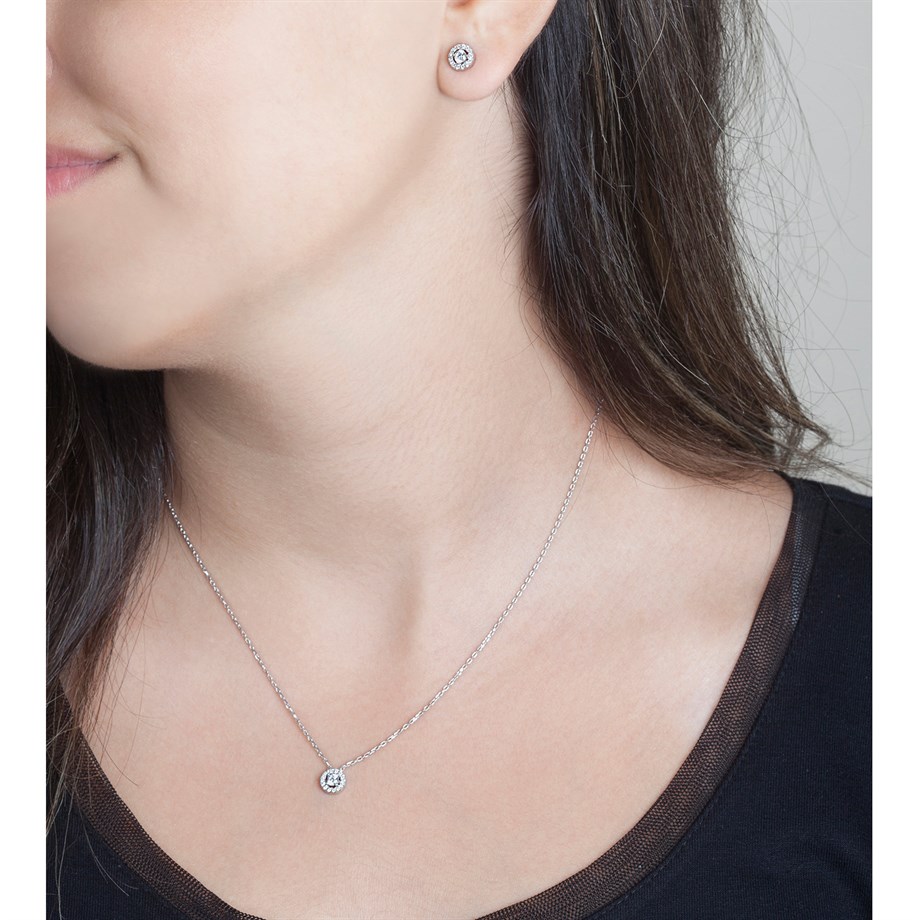 Pırlanta Modeli Yuvarlak Kolye Küpe Gümüş Set