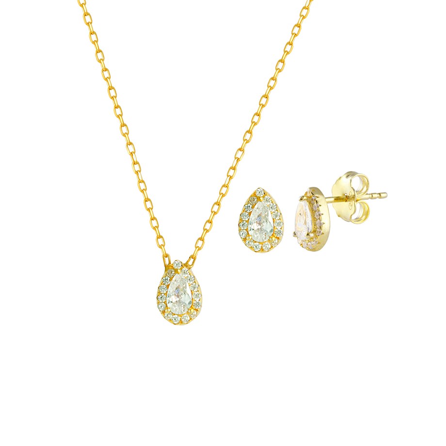 Sarı Renkli Damla Kolye Küpe Gümüş Set
