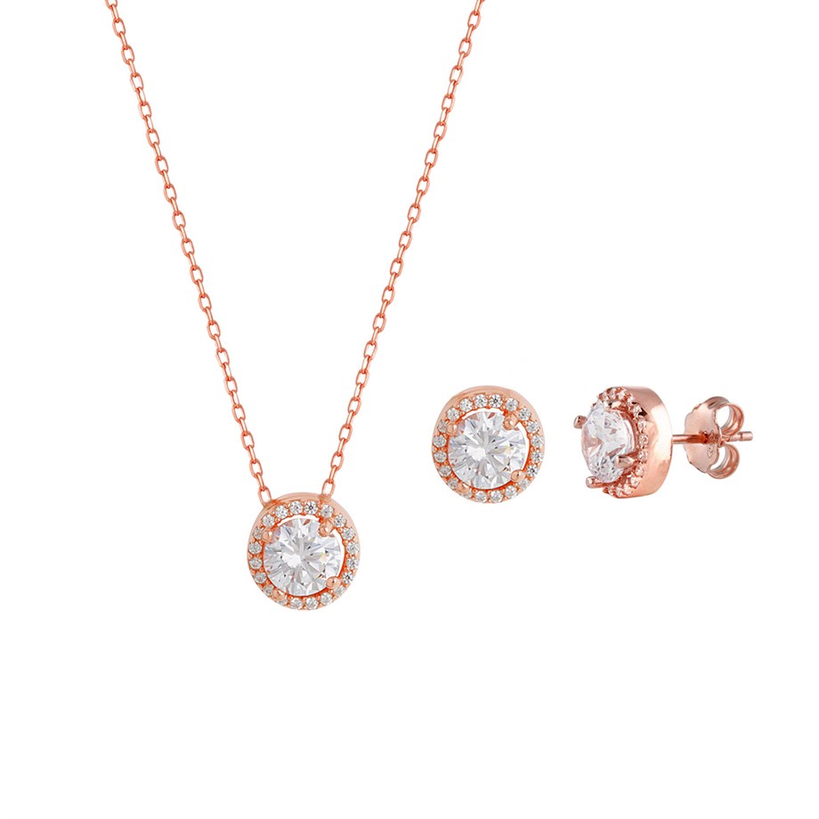 Pırlanta Modeli Rose Kolye Küpe Gümüş Set