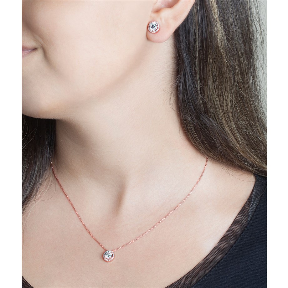 Pırlanta Modeli Rose Kolye Küpe Gümüş Set