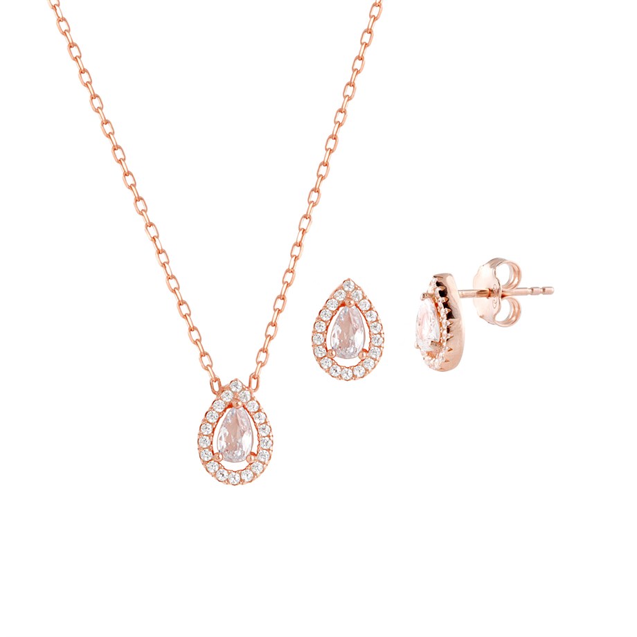 Damla Rose Gold Kolye Küpe Gümüş Set