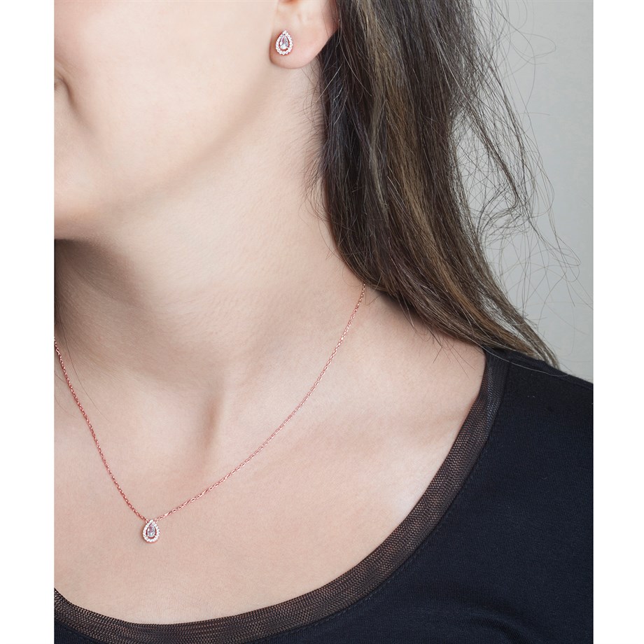 Damla Rose Gold Kolye Küpe Gümüş Set