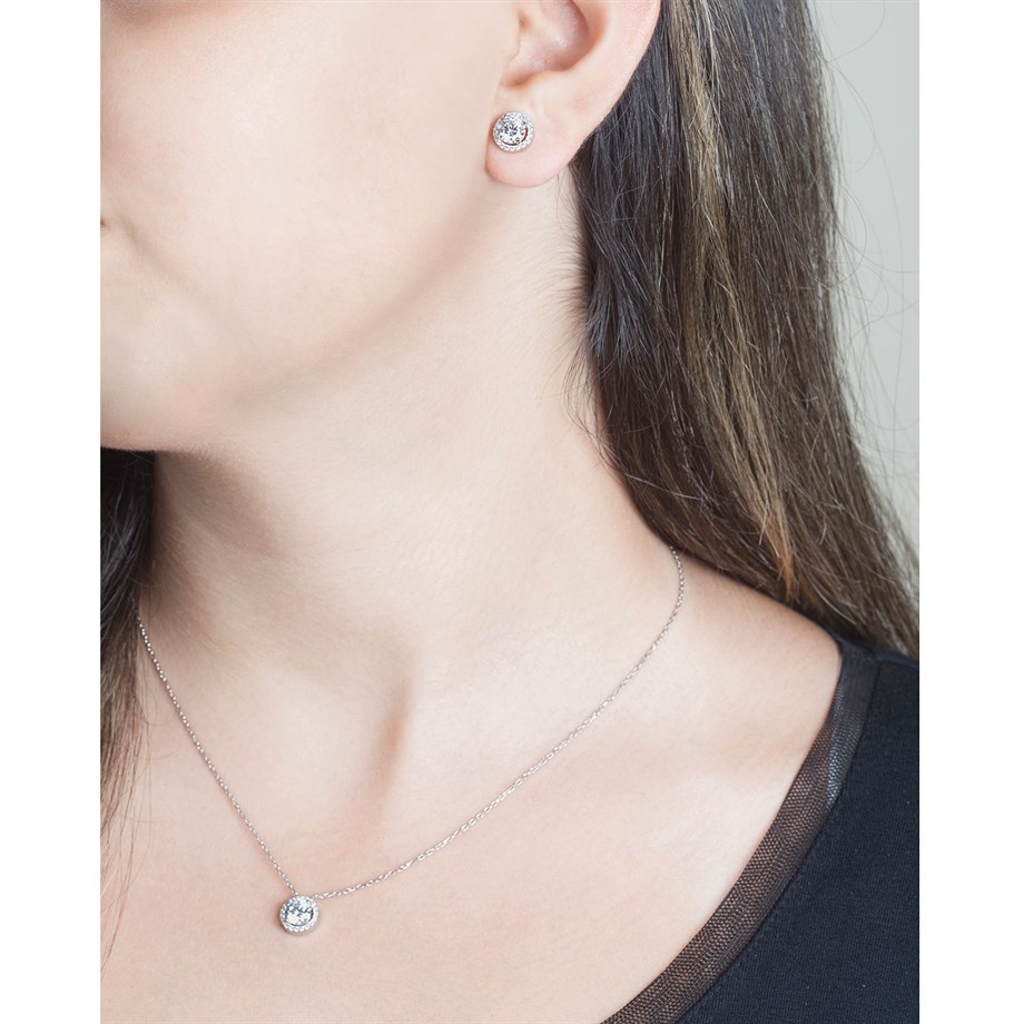 Pırlanta Modeli Kolye Küpe Gümüş Set
