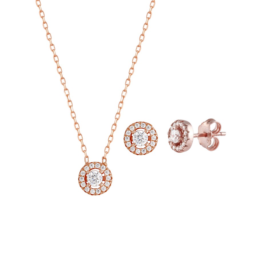 Pırlanta Model Rose Gold Kolye Küpe Gümüş Set