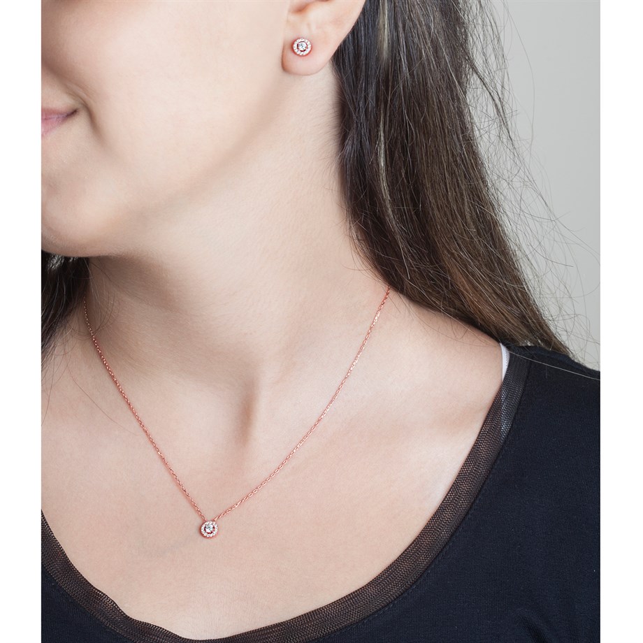 Pırlanta Model Rose Gold Kolye Küpe Gümüş Set