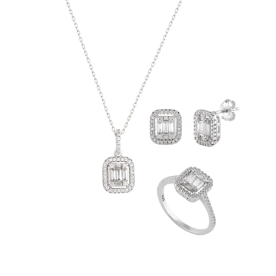 Baget Taşlı Kolye Küpe Yüzük Üçlü Gümüş Set 9