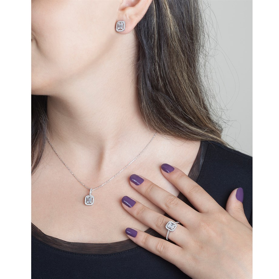 Baget Taşlı Kolye Küpe Yüzük Üçlü Gümüş Set 9