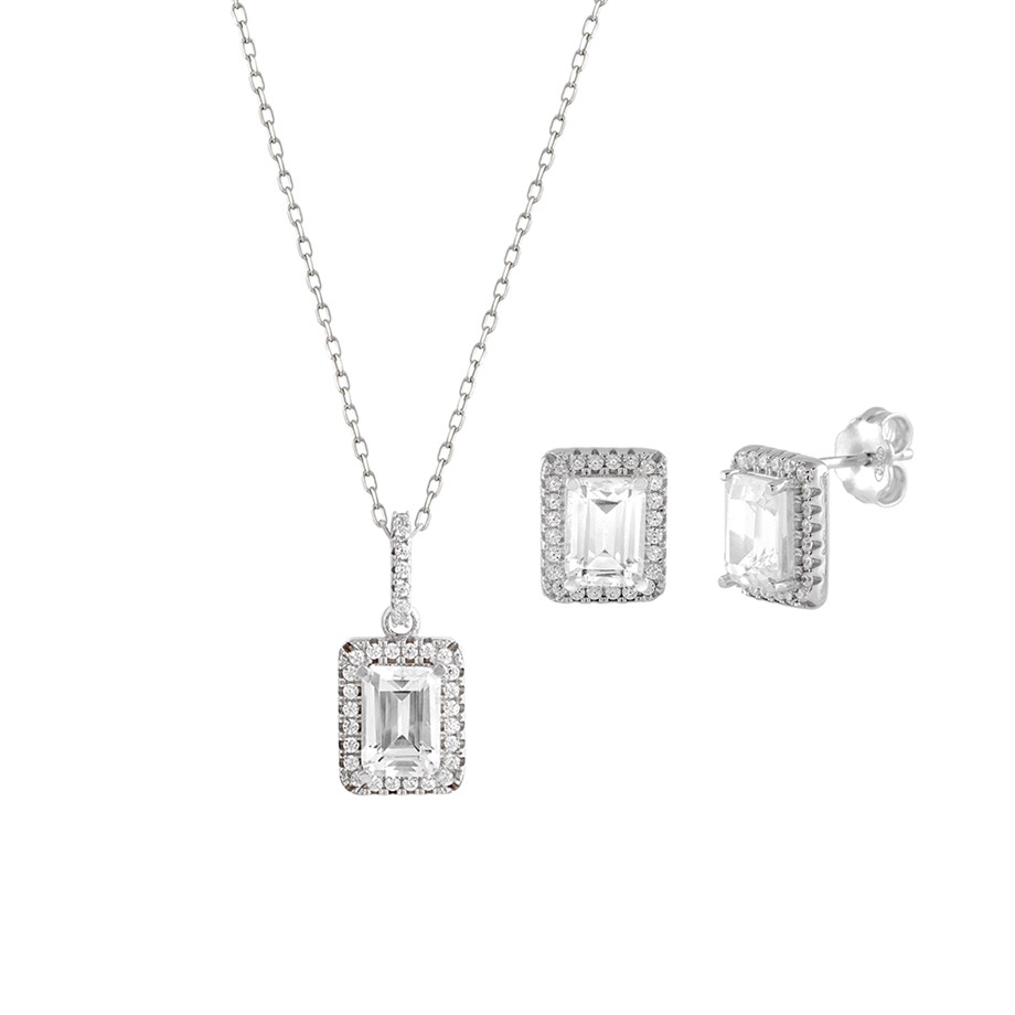 Afrodit Silver Baget Taşlı Kolye Küpe İkili Gümüş Set