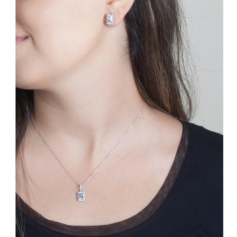 Afrodit Silver Baget Taşlı Kolye Küpe İkili Gümüş Set