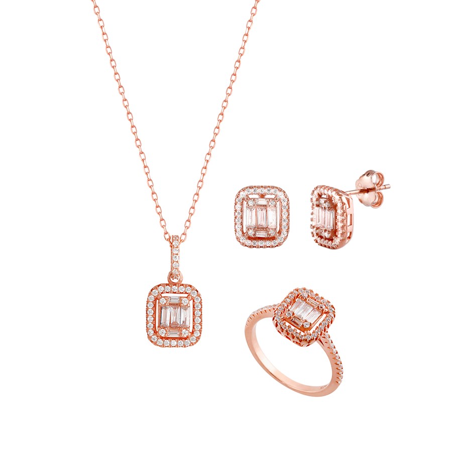 Roze Rengi Baget Taşlı Kolye Küpe Yüzük Üçlü Gümüş Set 9