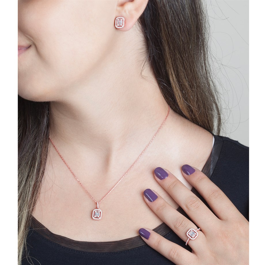 Roze Rengi Baget Taşlı Kolye Küpe Yüzük Üçlü Gümüş Set 9