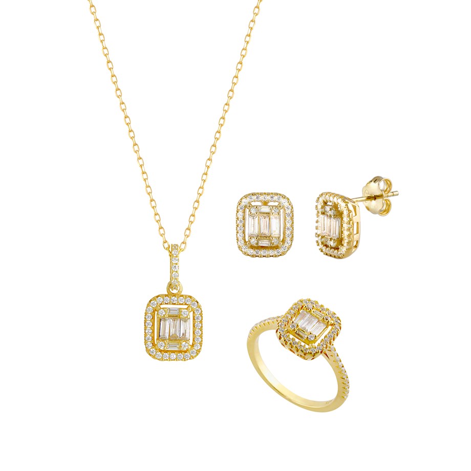 Baget Taşlı Sarı Gümüş Set 9