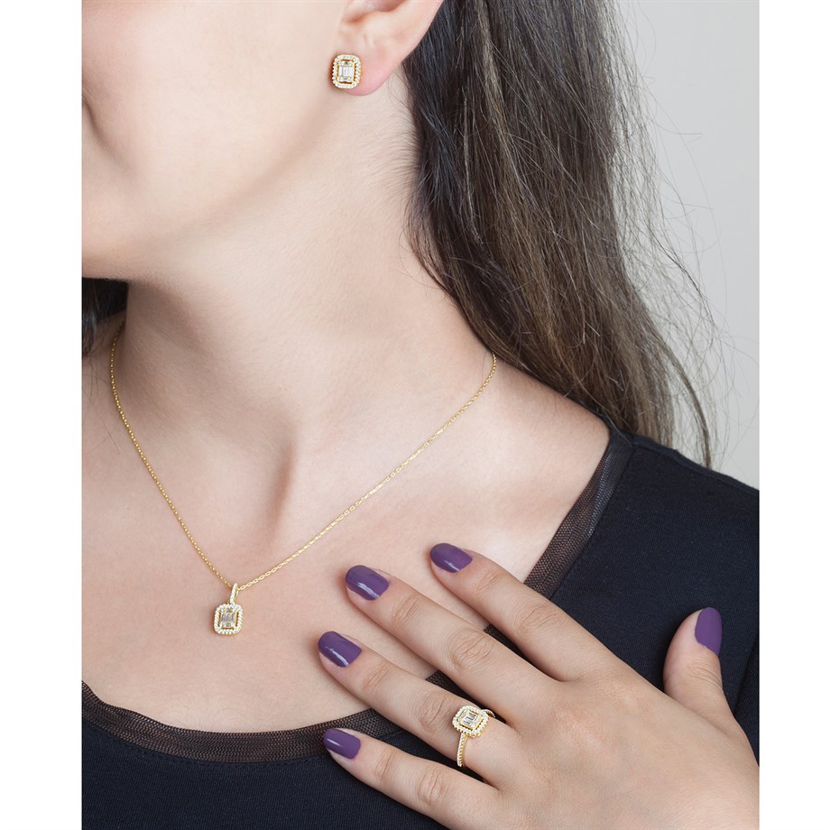 Baget Taşlı Sarı Gümüş Set 9