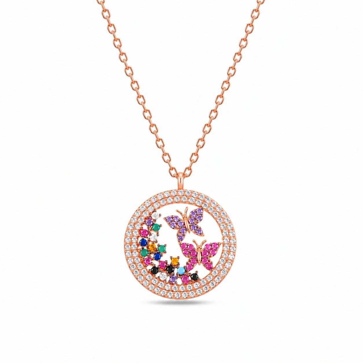 Renkli Kelebek Tasarımlı 925 Ayar Gümüş Rose Gold Kadın Kolye
