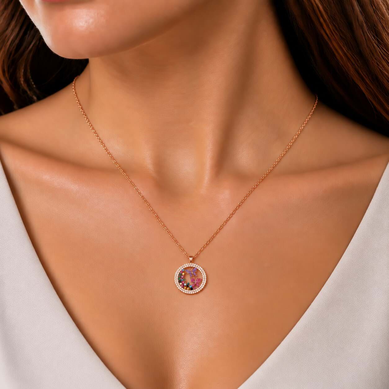 Renkli Kelebek Tasarımlı 925 Ayar Gümüş Rose Gold Kadın Kolye