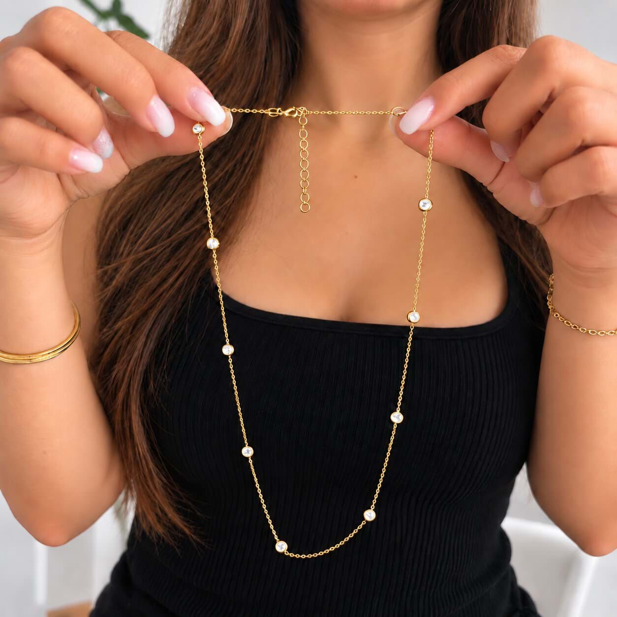 925 Ayar Gümüş Sıralı Zirkon Taşlı Sarı Gold Kadın Kolye