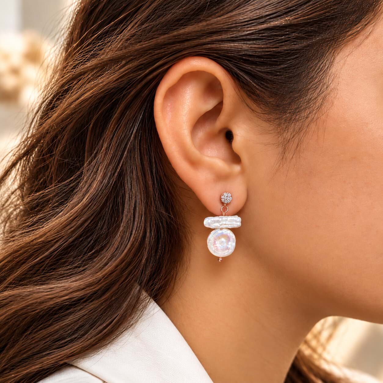 925 Ayar Gümüş Rose Gold Barok İnci Zirkon Taşlı Kadın Küpe