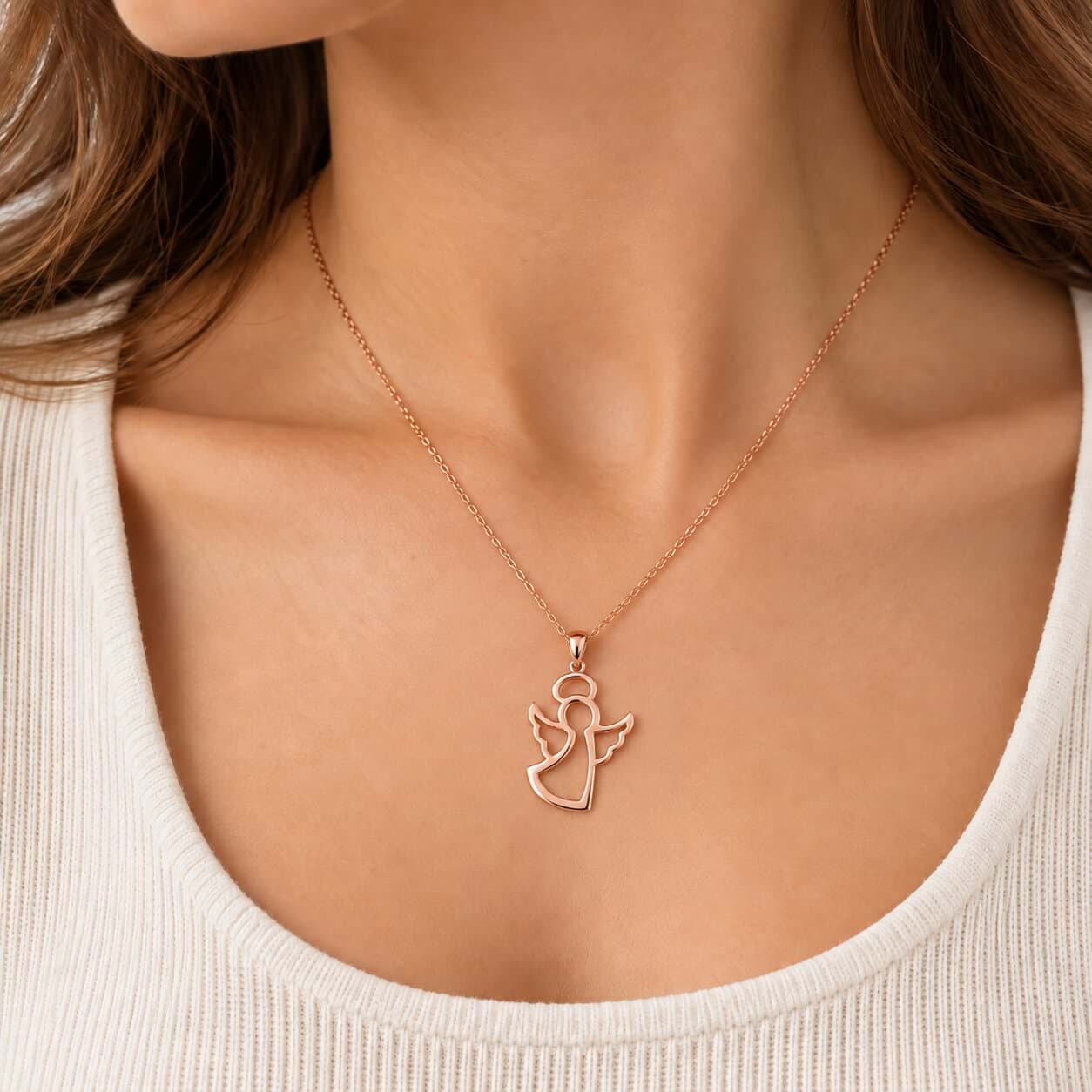 925 Ayar Gümüş Rose Gold Koruyucu Melek Figürlü Kadın Kolye