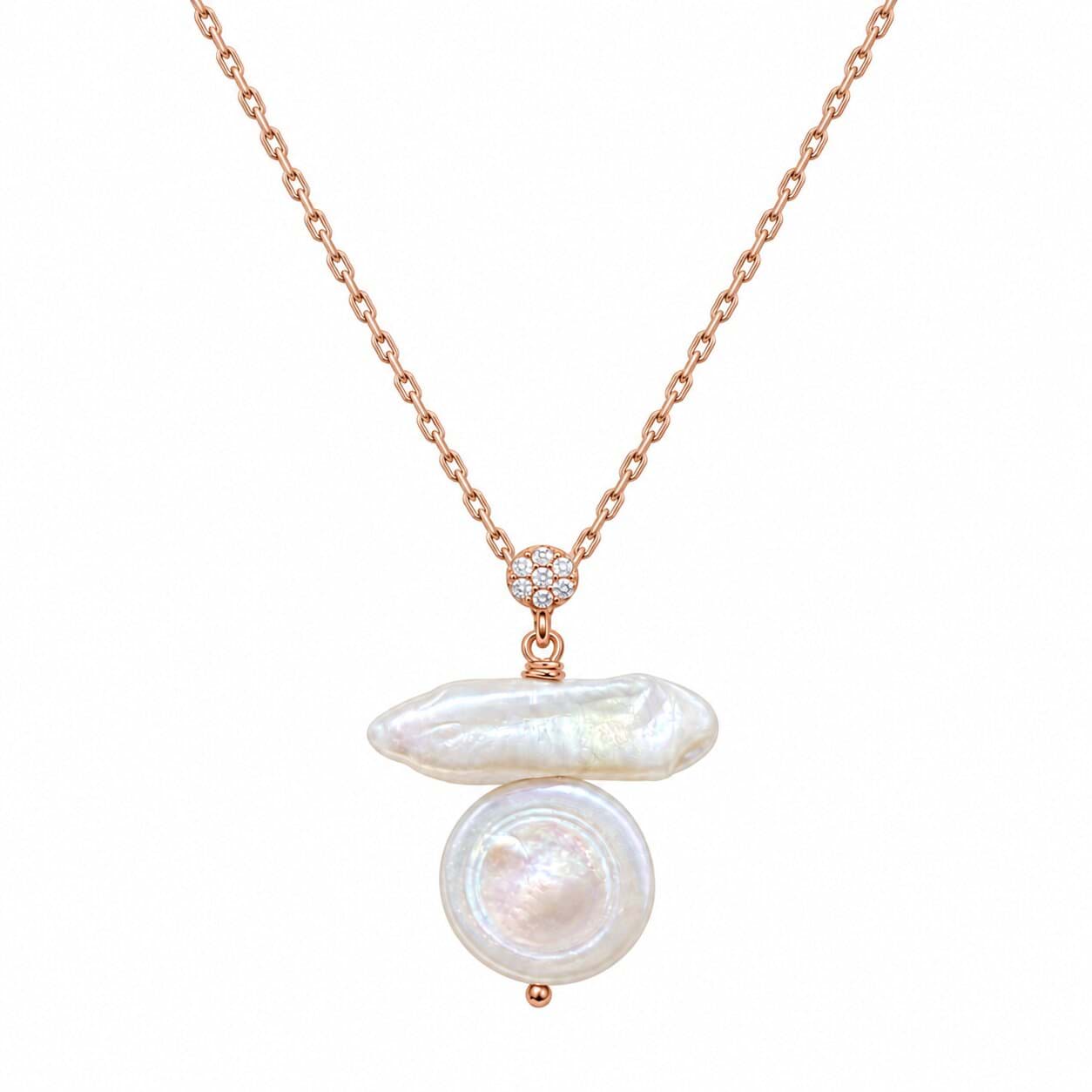 925 Ayar Gümüş Rose Gold Barok İnci Zirkon Taşlı Kadın Kolye