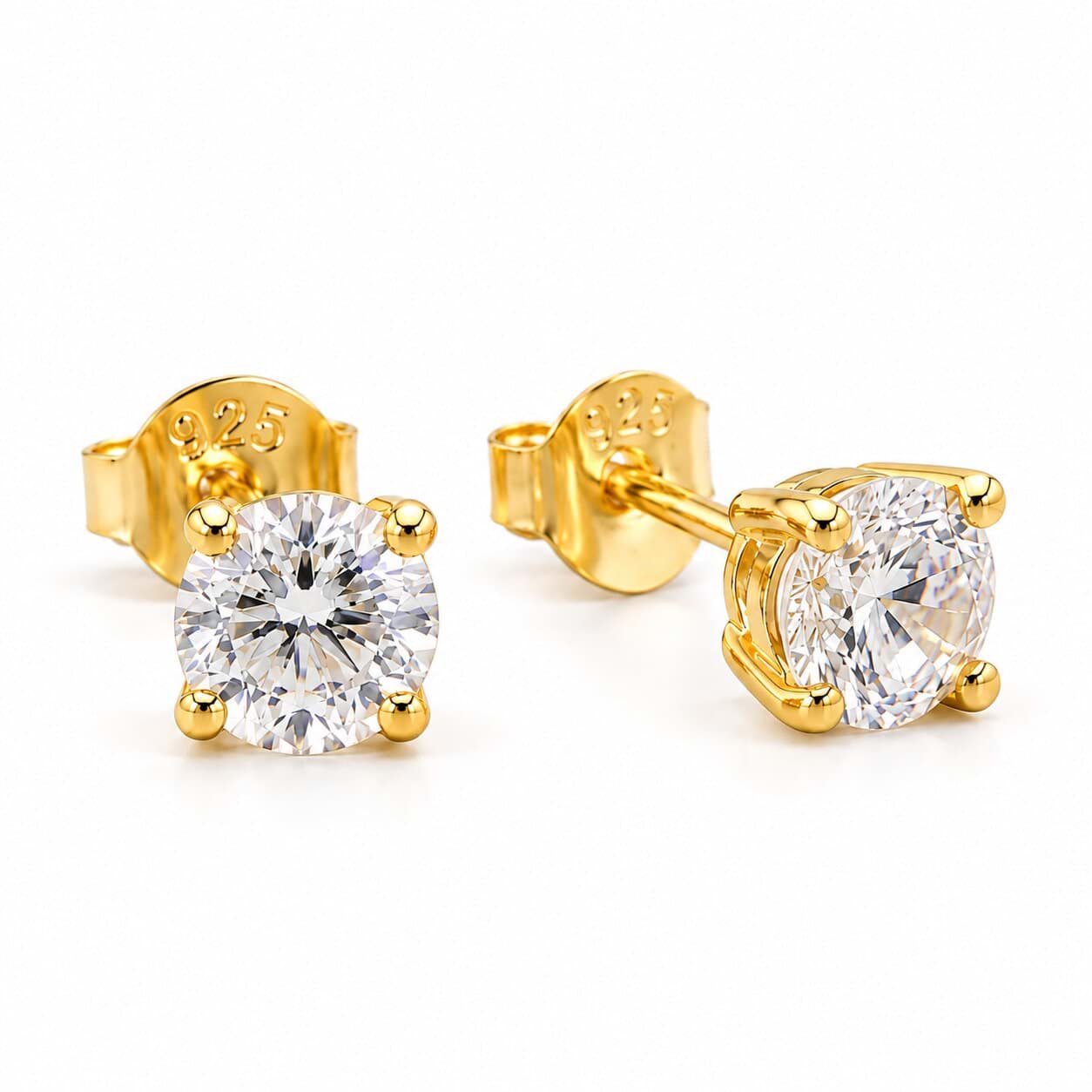 925 Ayar Gümüş 5 mm Zirkon Taşlı Sarı Gold Kaplama Kadın Küpe