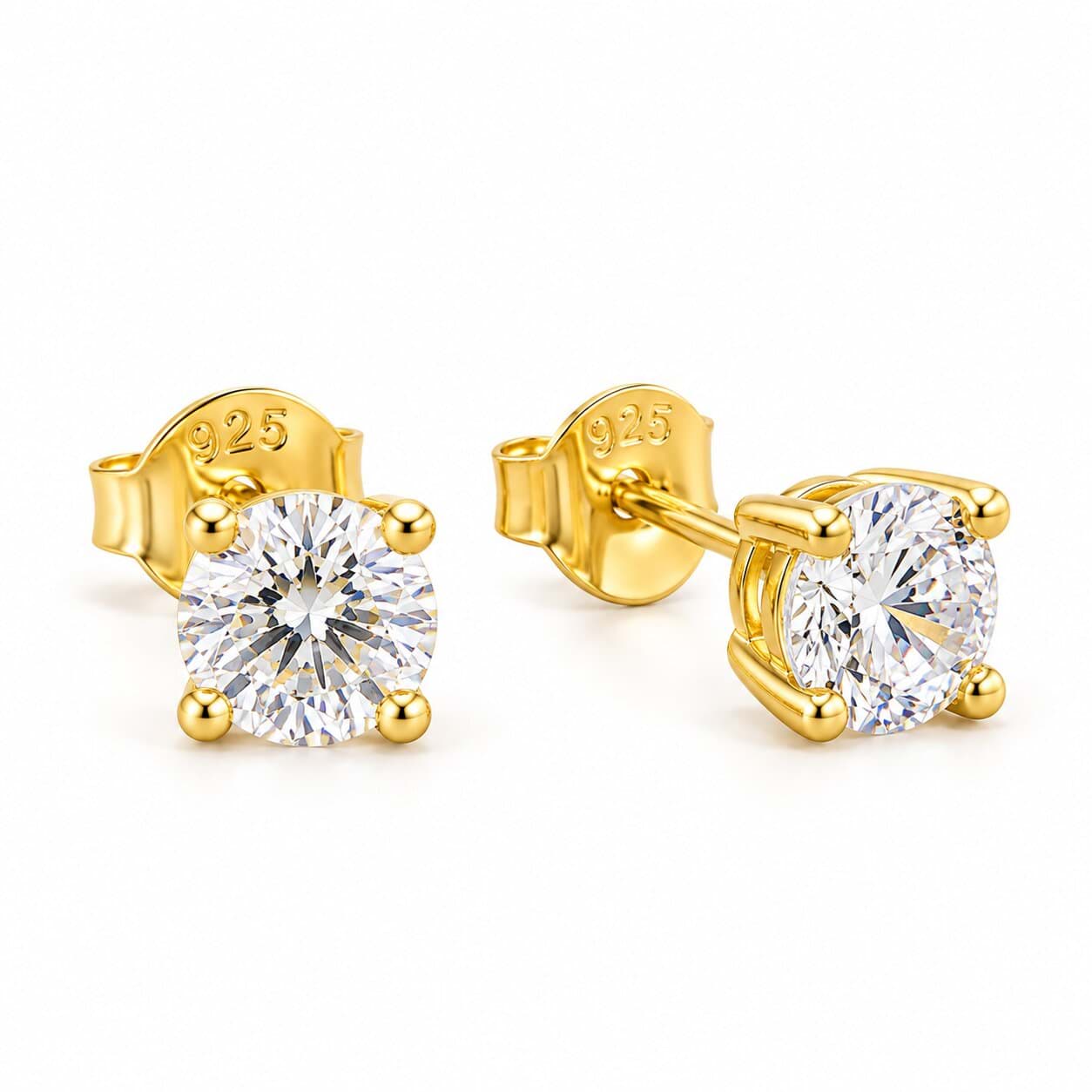 925 Ayar Gümüş 6 mm Zirkon Taşlı Sarı Gold Kaplama Kadın Küpe