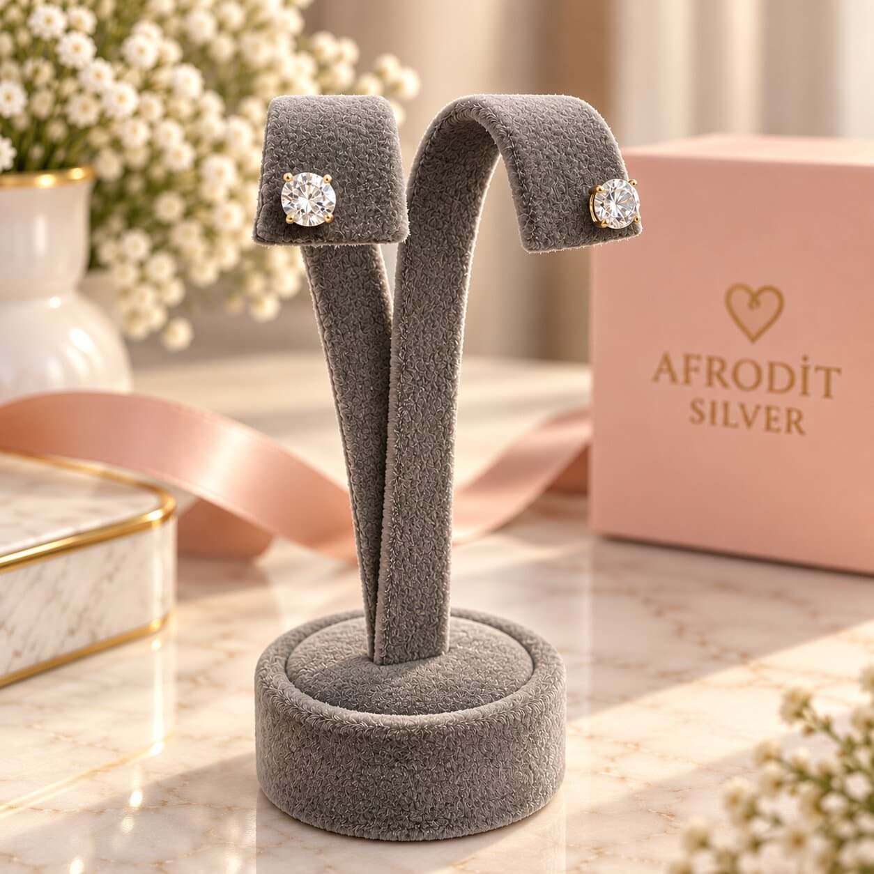 925 Ayar Gümüş 6 mm Zirkon Taşlı Sarı Gold Kaplama Kadın Küpe