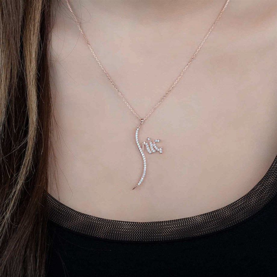 Roze Rengi Zirkon Taşlı Hiç Tasarımlı Kadın Gümüş Kolye