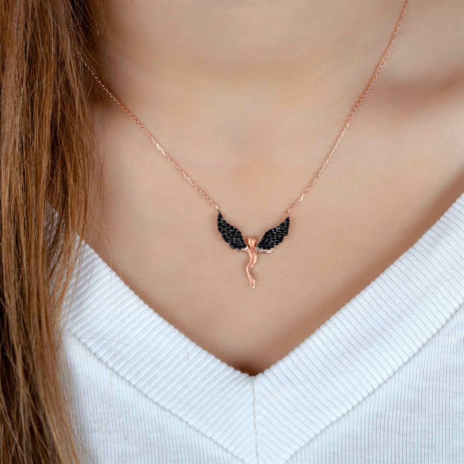 Roze Rengi Siyah Zirkon Taşlı Koruyucu Melek Gümüş Kolye